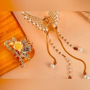 Set of 2 Hair Accessories-Butterfly and Rose with Simulated Pearls & Crystals